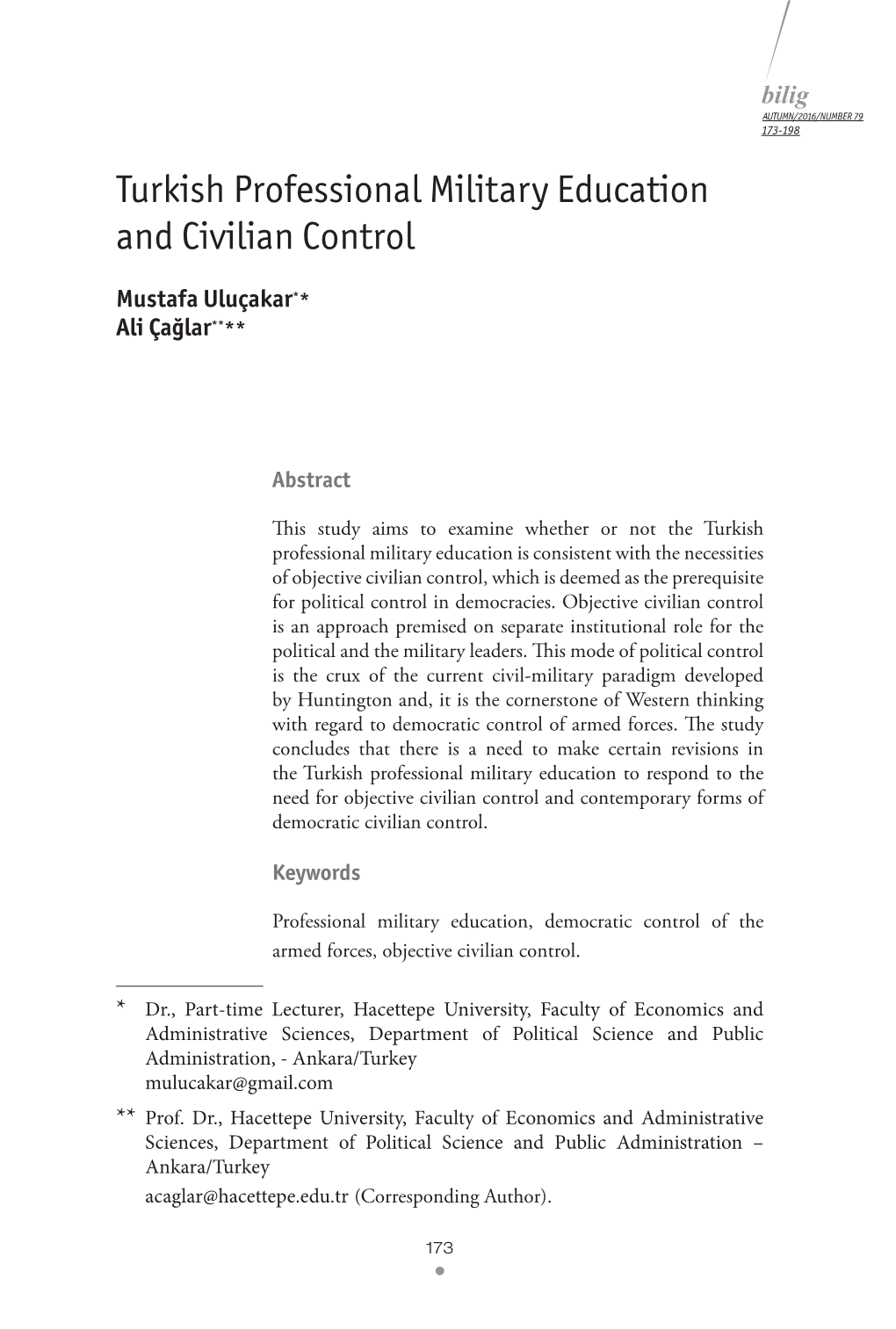 Turkish Professional Military Education and Civilian Control