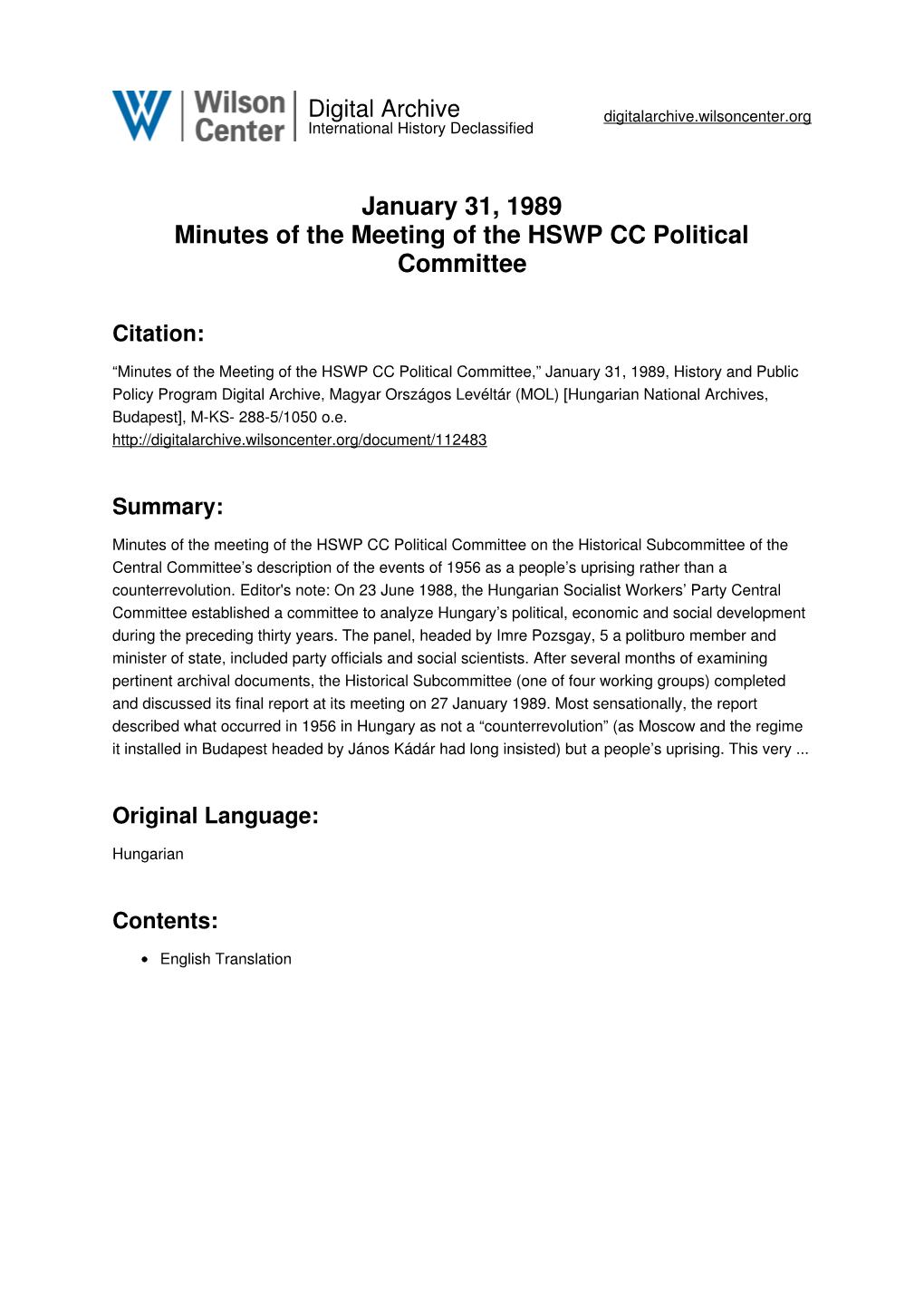 January 31, 1989 Minutes of the Meeting of the HSWP CC Political Committee