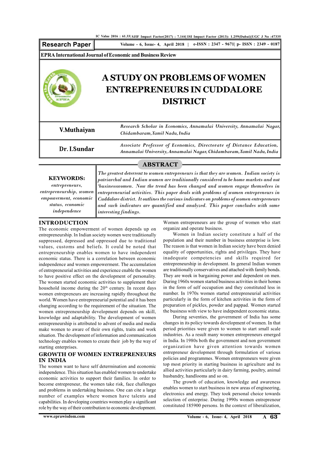 A Study on Problems of Women Entrepreneurs in Cuddalore District