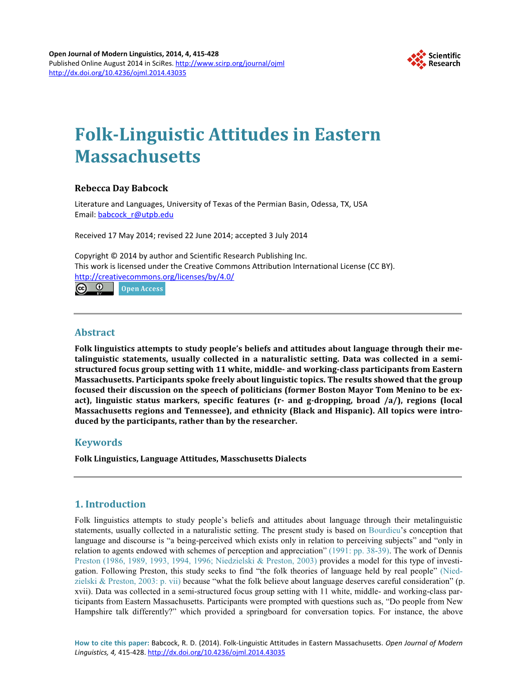 Folk-Linguistic Attitudes in Eastern Massachusetts