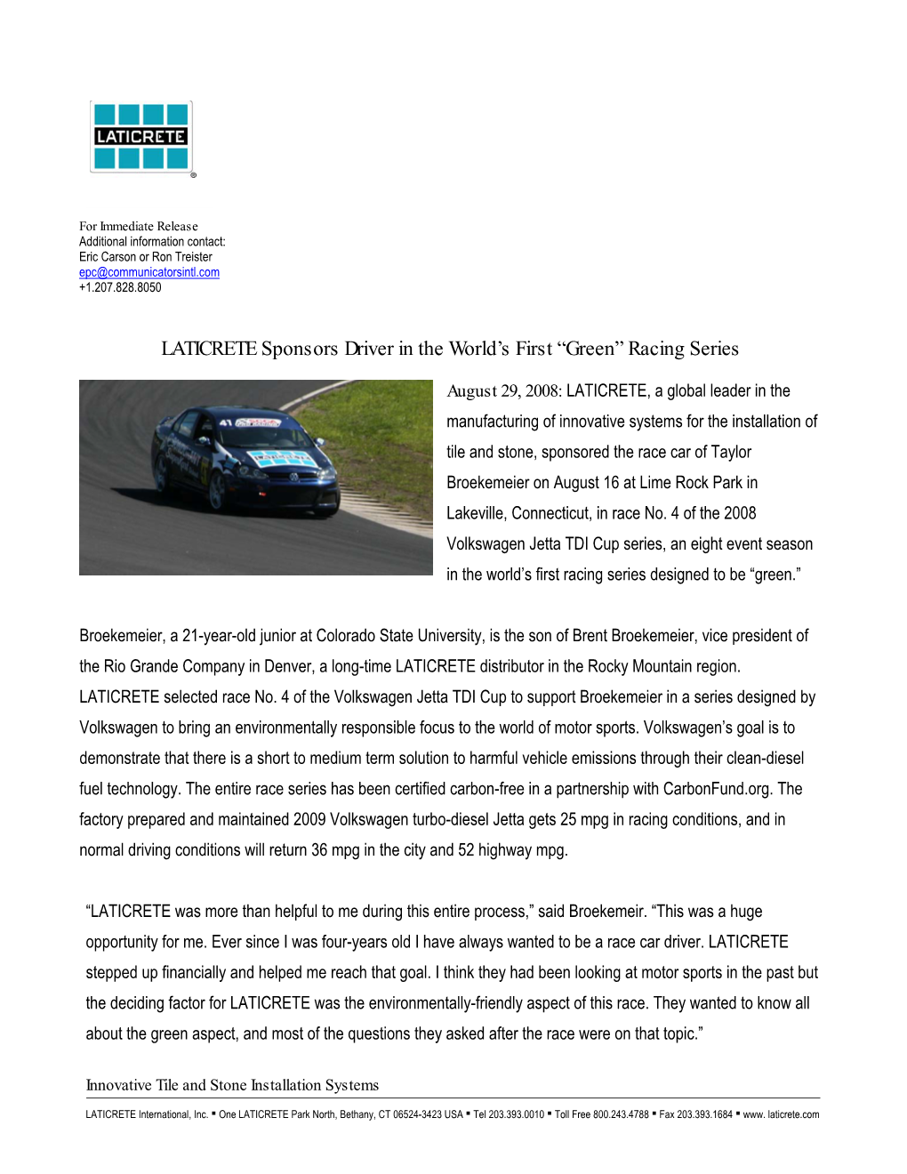 LATICRETE Sponsors Driver in the World's First “Green” Racing Series