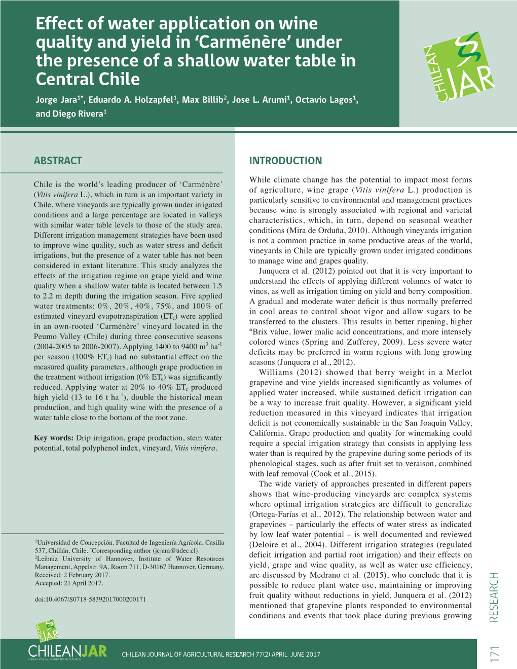 Effect of Water Application on Wine Quality and Yield in 'Carménère'