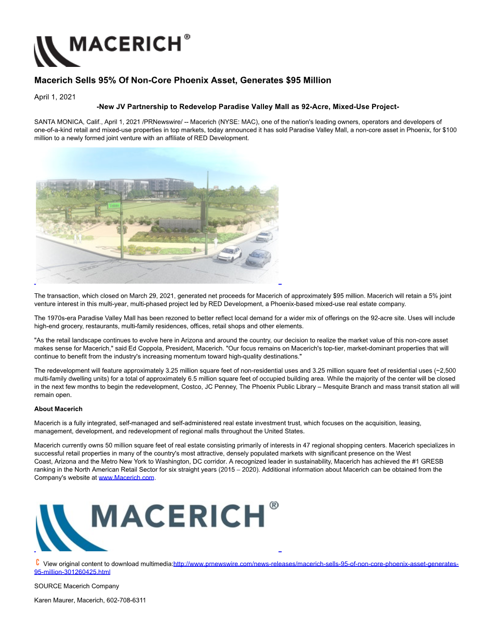 Macerich Sells 95% of Non-Core Phoenix Asset, Generates $95 Million