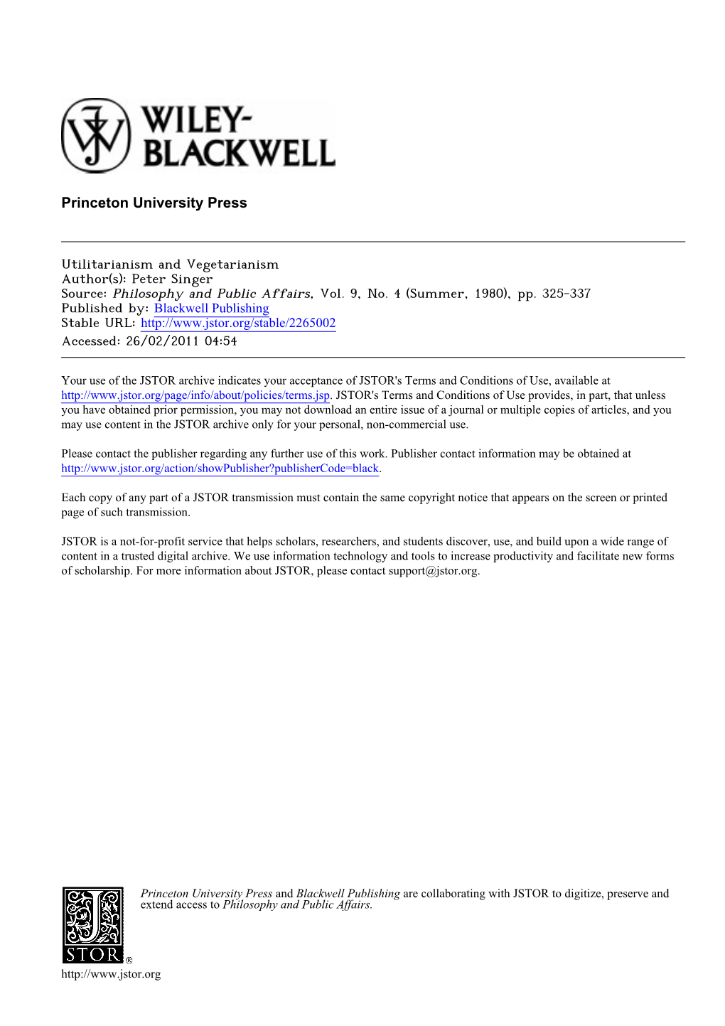 Utilitarianism and Vegetarianism Author(S): Peter Singer Source: Philosophy and Public Affairs, Vol