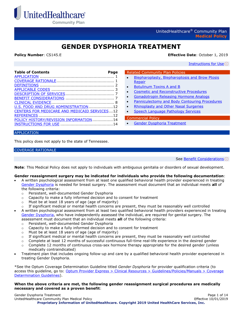 GENDER DYSPHORIA TREATMENT Policy Number: CS145.E Effective Date: October 1, 2019