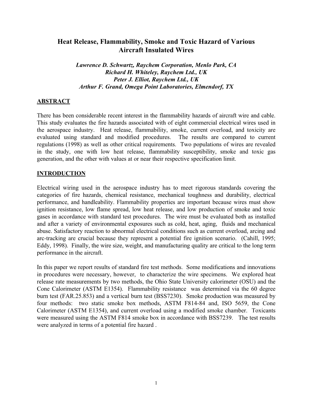 Heat Release, Flammability, Smoke and Toxic Hazard of Various Aircraft Insulated Wires