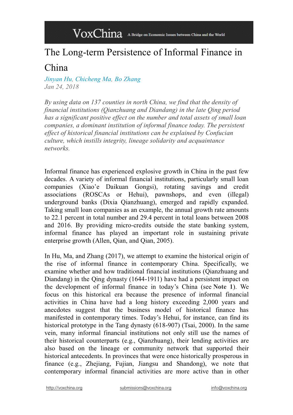 The Long-Term Persistence of Informal Finance in China Jinyan Hu, Chicheng Ma, Bo Zhang Jan 24, 2018