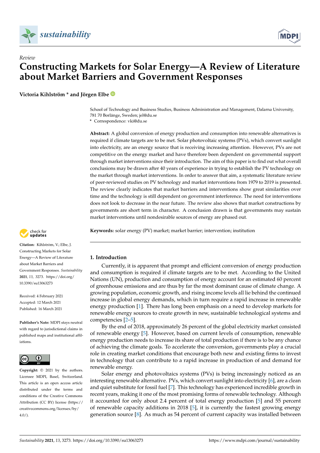 Constructing Markets for Solar Energy—A Review of Literature About Market Barriers and Government Responses