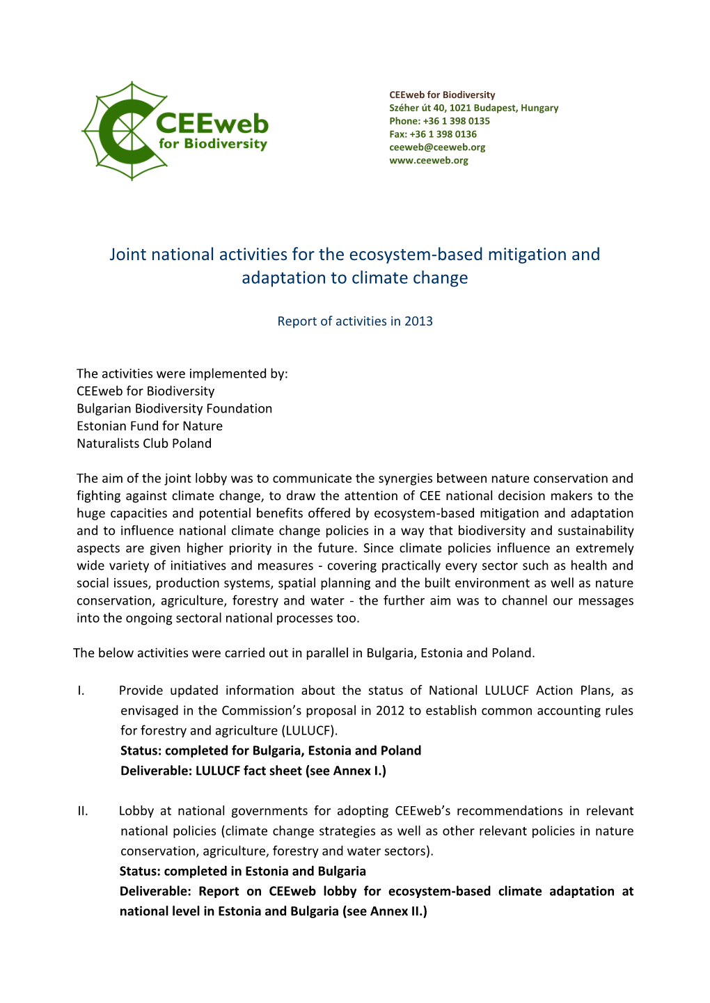 National Activities for the Ecosystem-Based Mitigation and Adaptation to Climate Change