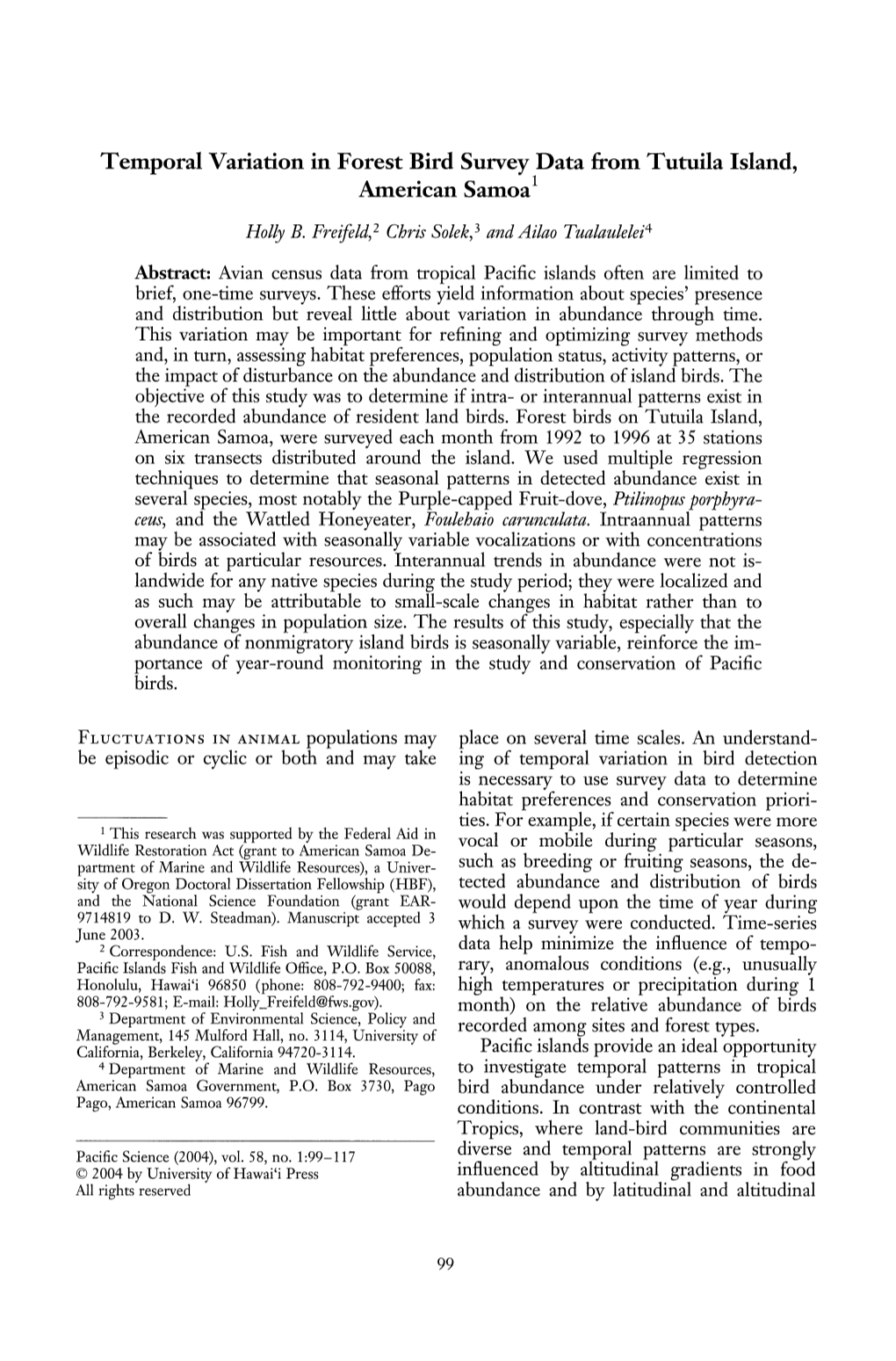 Temporal Variation in Forest Bird Survey Data from Tutuila Island, American Samoa 1