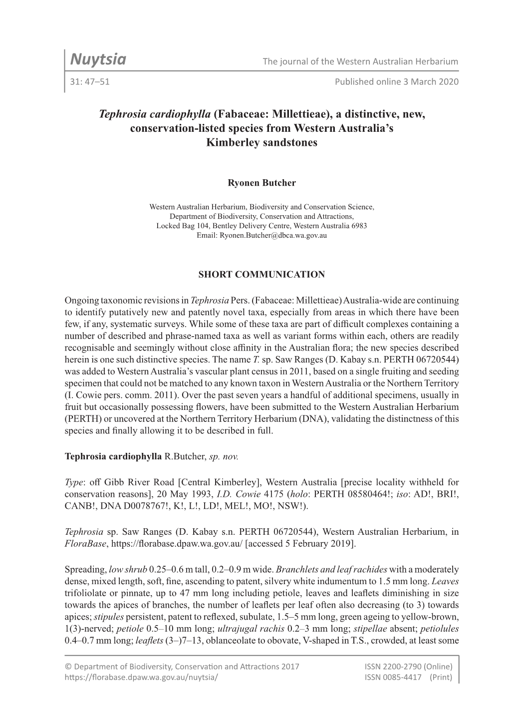 Nuytsia the Journal of the Western Australian Herbarium 31: 47–51 Published Online 3 March 2020