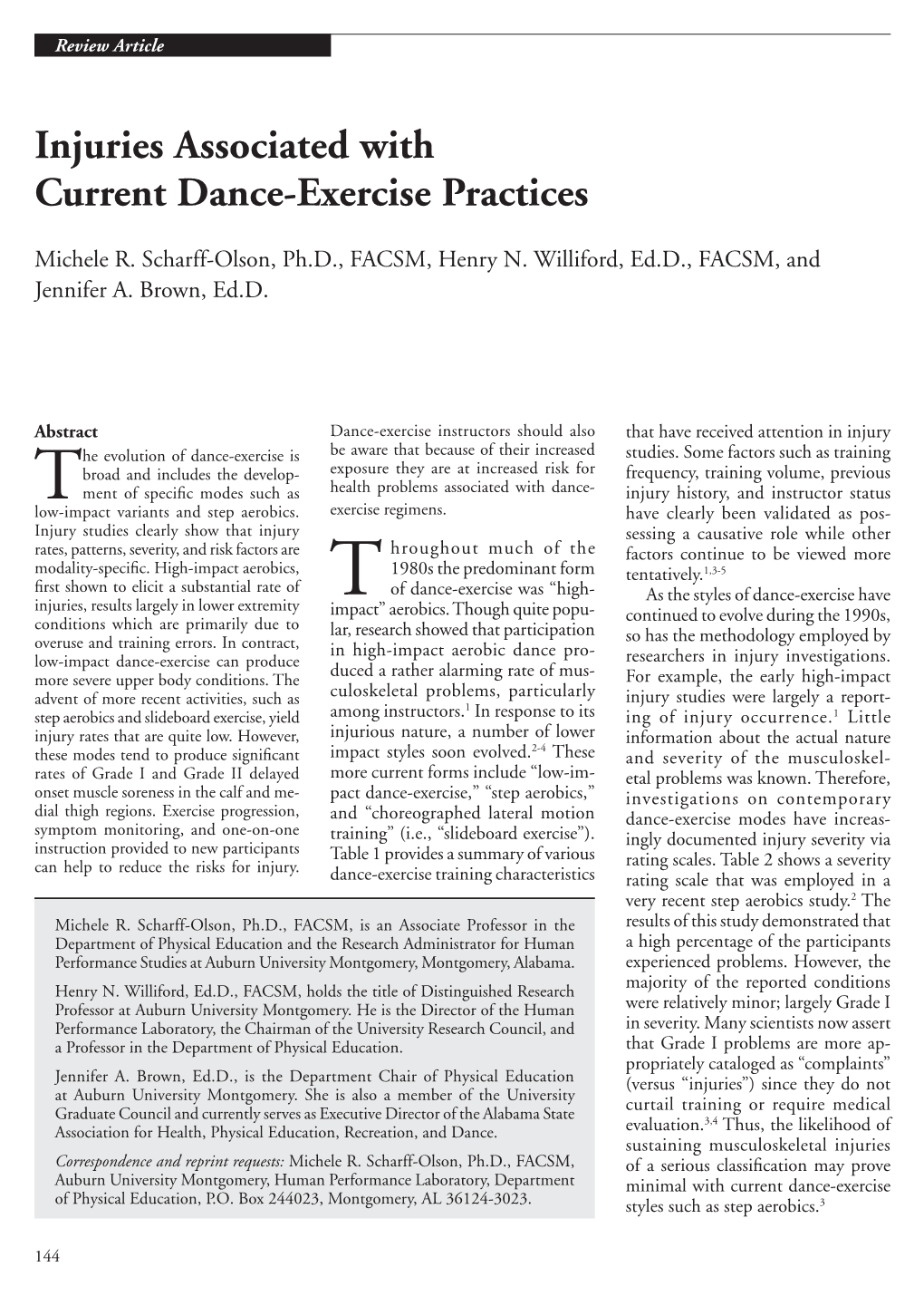 Injuries Associated with Current Dance-Exercise Practices