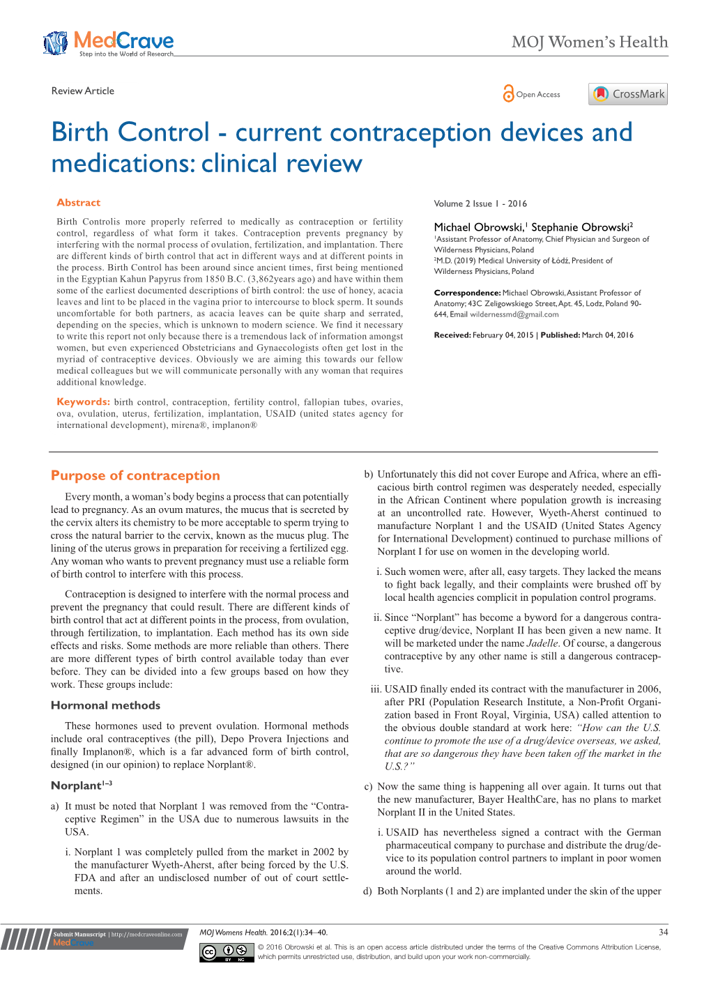 Birth Control - Current Contraception Devices and Medications: Clinical Review