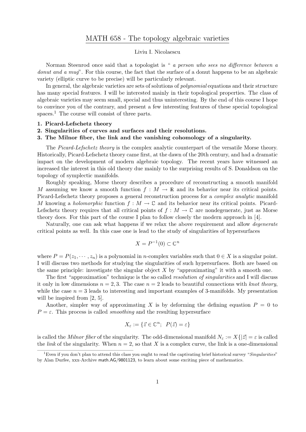 MATH 658 - the Topology Algebraic Varieties