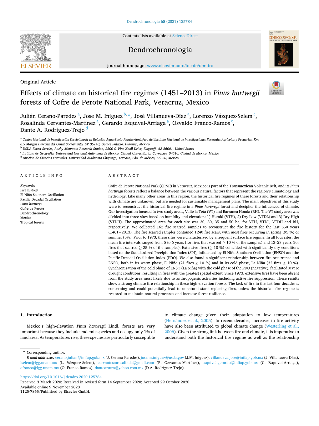 Effects of Climate on Historical Fire Regimes (1451–2013) in Pinus Hartwegii Forests of Cofre De Perote National Park, Veracruz, Mexico