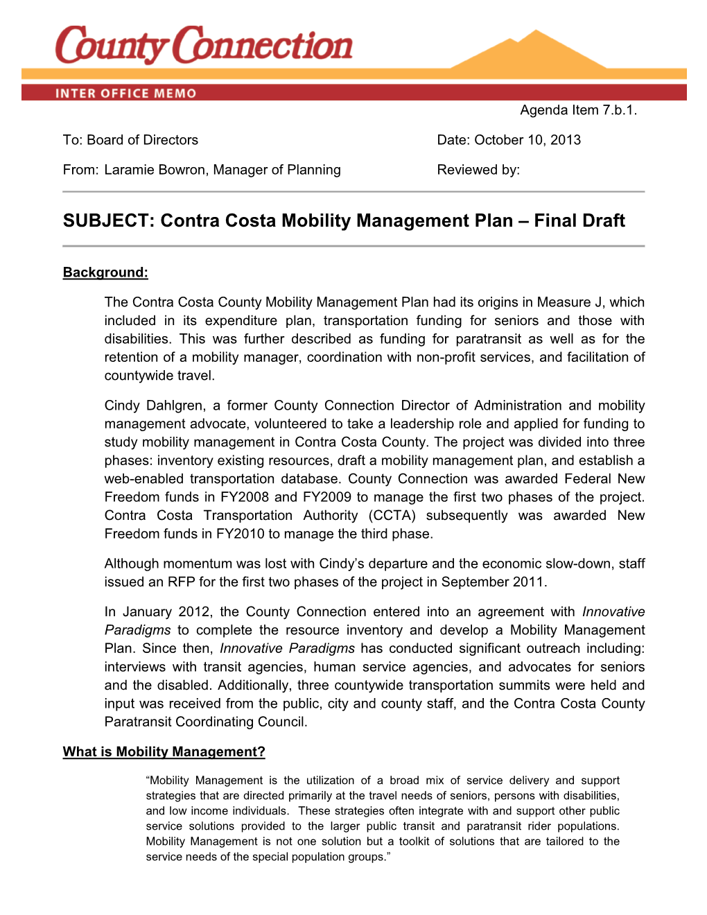 Contra Costa Mobility Management Plan – Final Draft