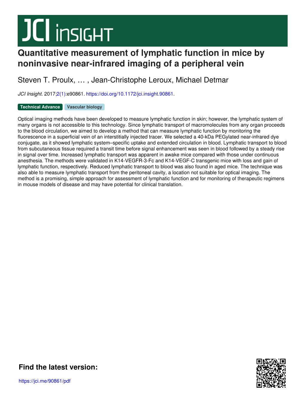 Quantitative Measurement of Lymphatic Function in Mice by Noninvasive Near-Infrared Imaging of a Peripheral Vein