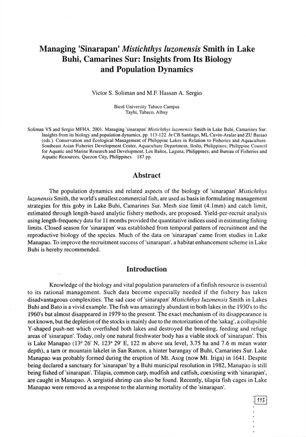 'Sinarapan' Mistichthys Luzonensis Smith in Lake Buhi, Camarines Sur: Insights from Its Biology and Population Dynamics