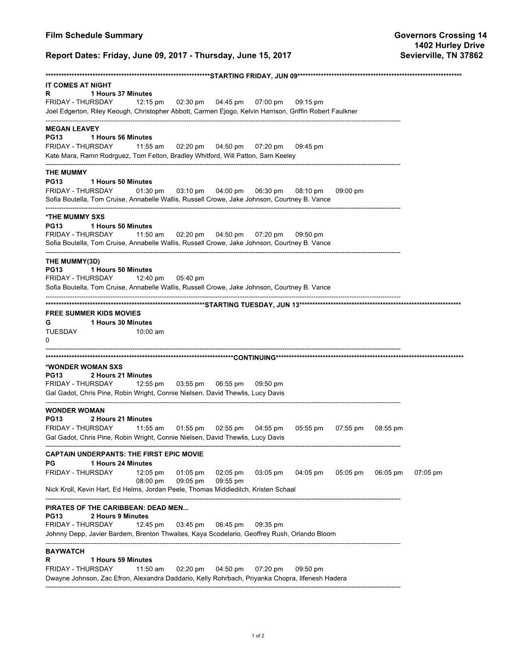 Film Schedule Summary Governors Crossing 14 1402 Hurley Drive Report Dates: Friday, June 09, 2017 - Thursday, June 15, 2017 Sevierville, TN 37862