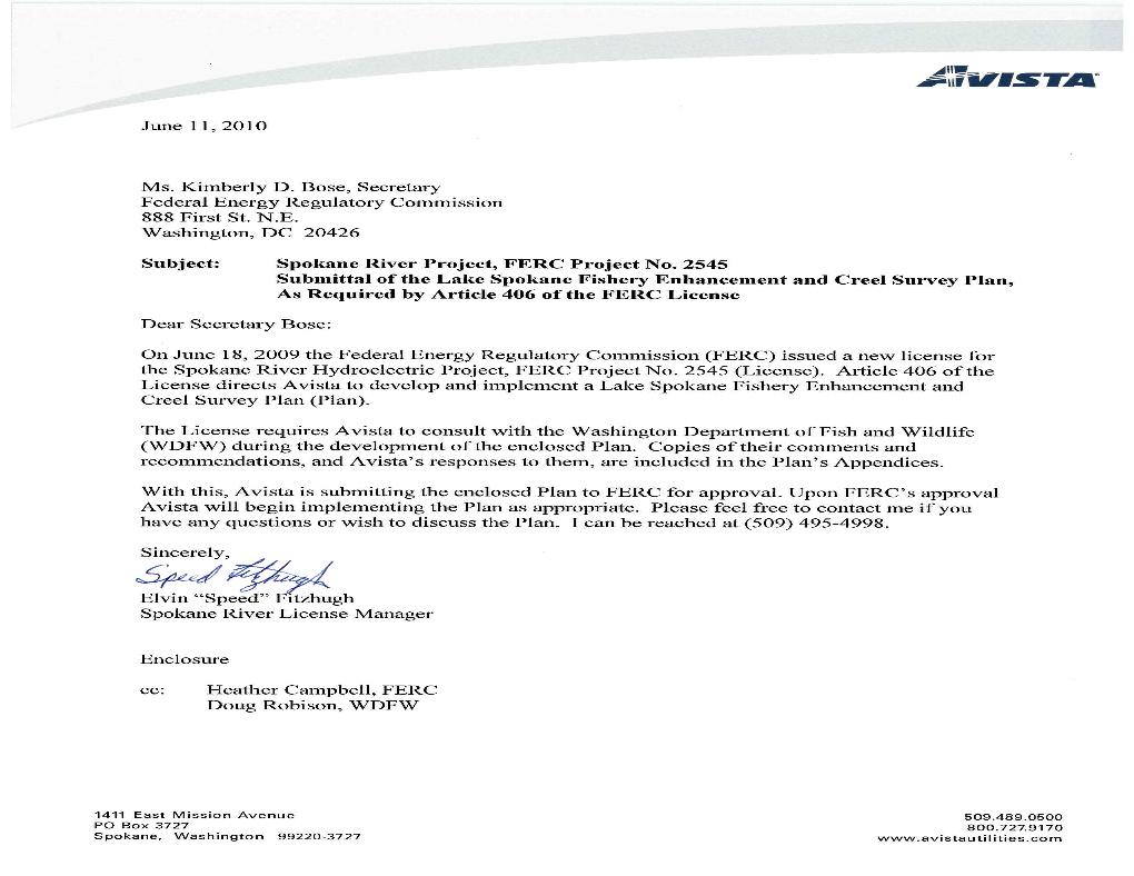 Lake Spokane Fishery Enhancement and Creel Survey Plan June 11, 2010