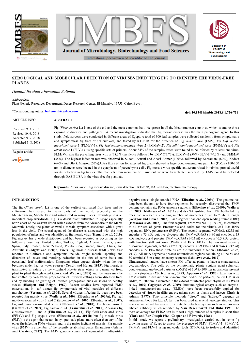 Serological and Molecular Detection of Viruses Infecting Fig to Identify the Virus-Free Plants