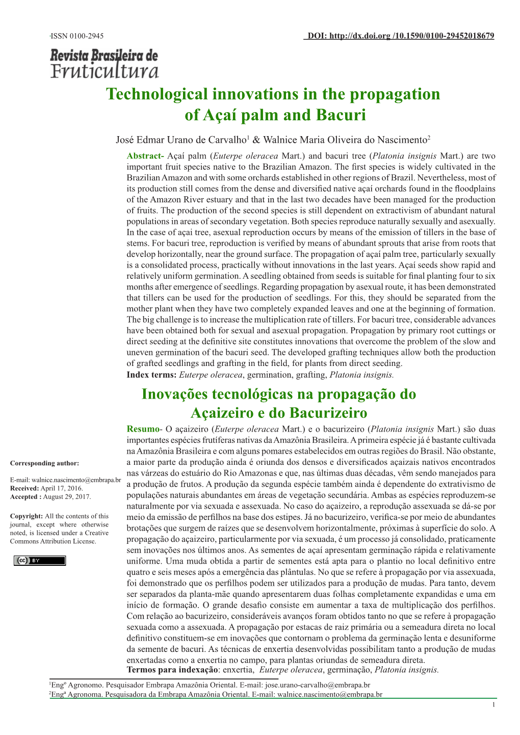 Technological Innovations in the Propagation of Açaí Palm and Bacuri