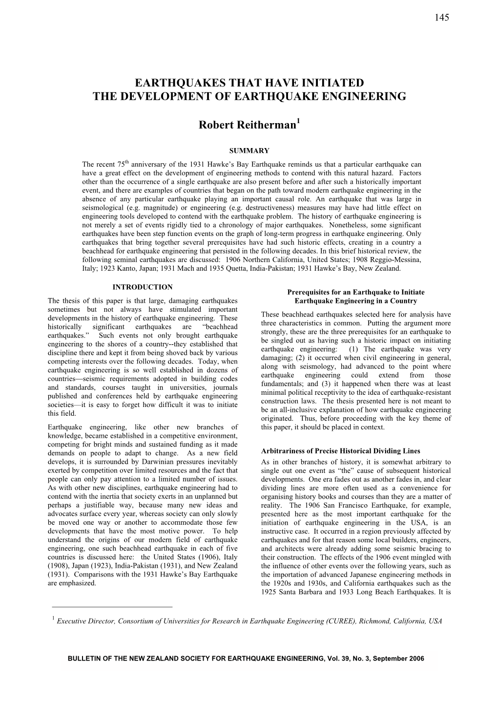 Earthquakes That Have Initiated the Development of Earthquake Engineering