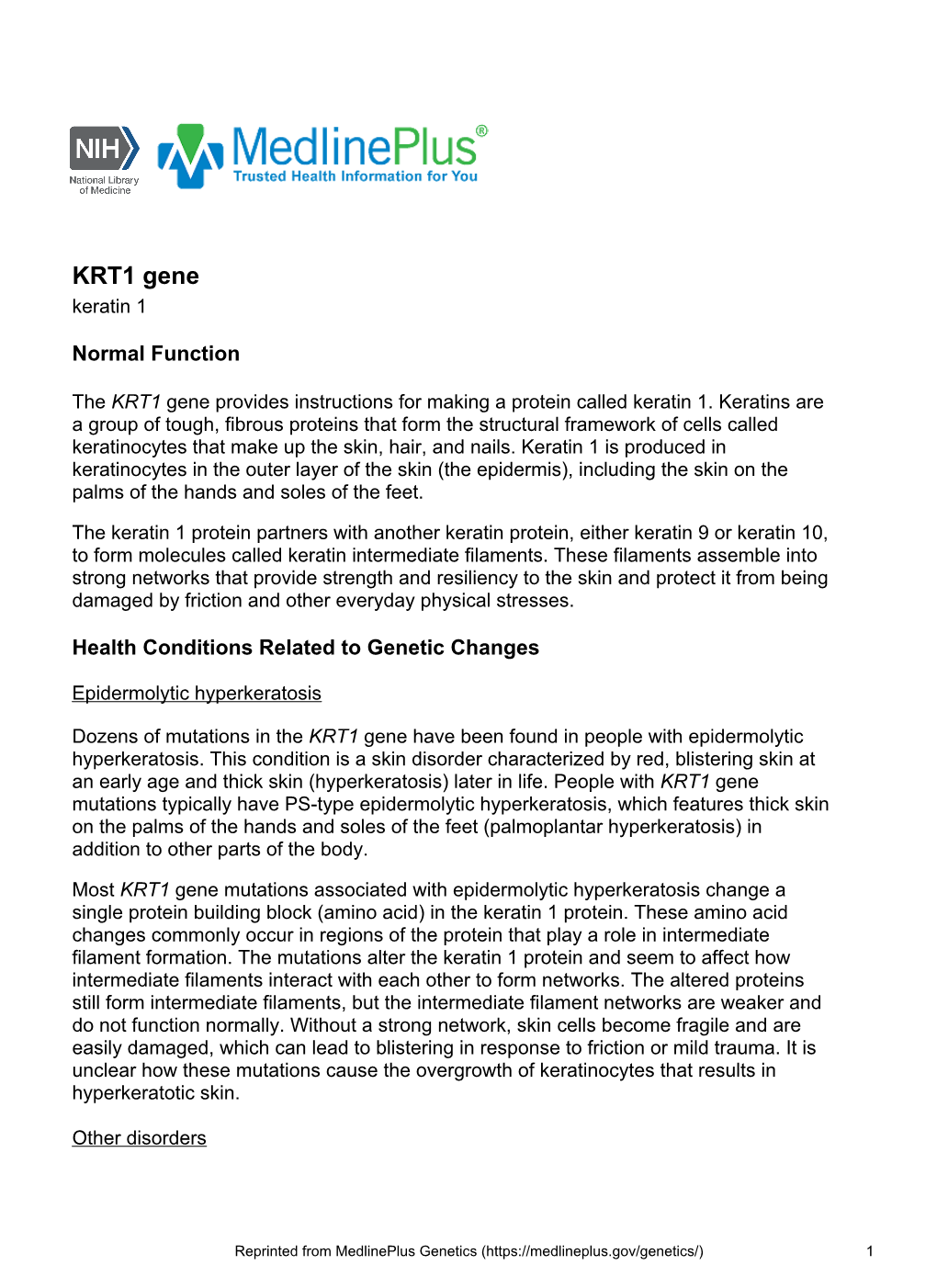 KRT1 Gene Keratin 1