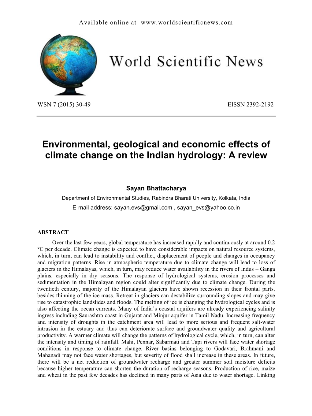 Environmental, Geological and Economic Effects of Climate Change on the Indian Hydrology: a Review