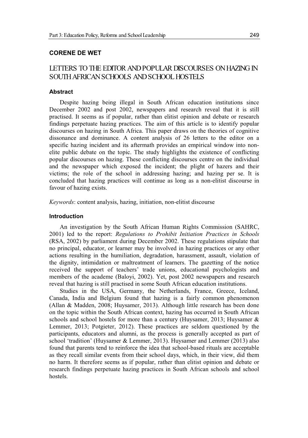 Letters to the Editor and Popular Discourses on Hazing in South African Schools and School Hostels