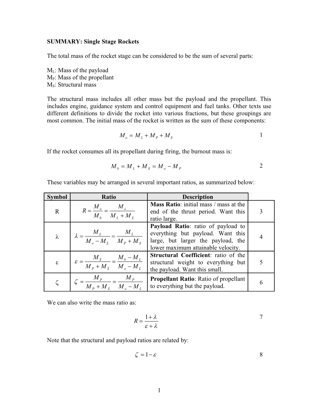 SUMMARY: Single Stage Rockets