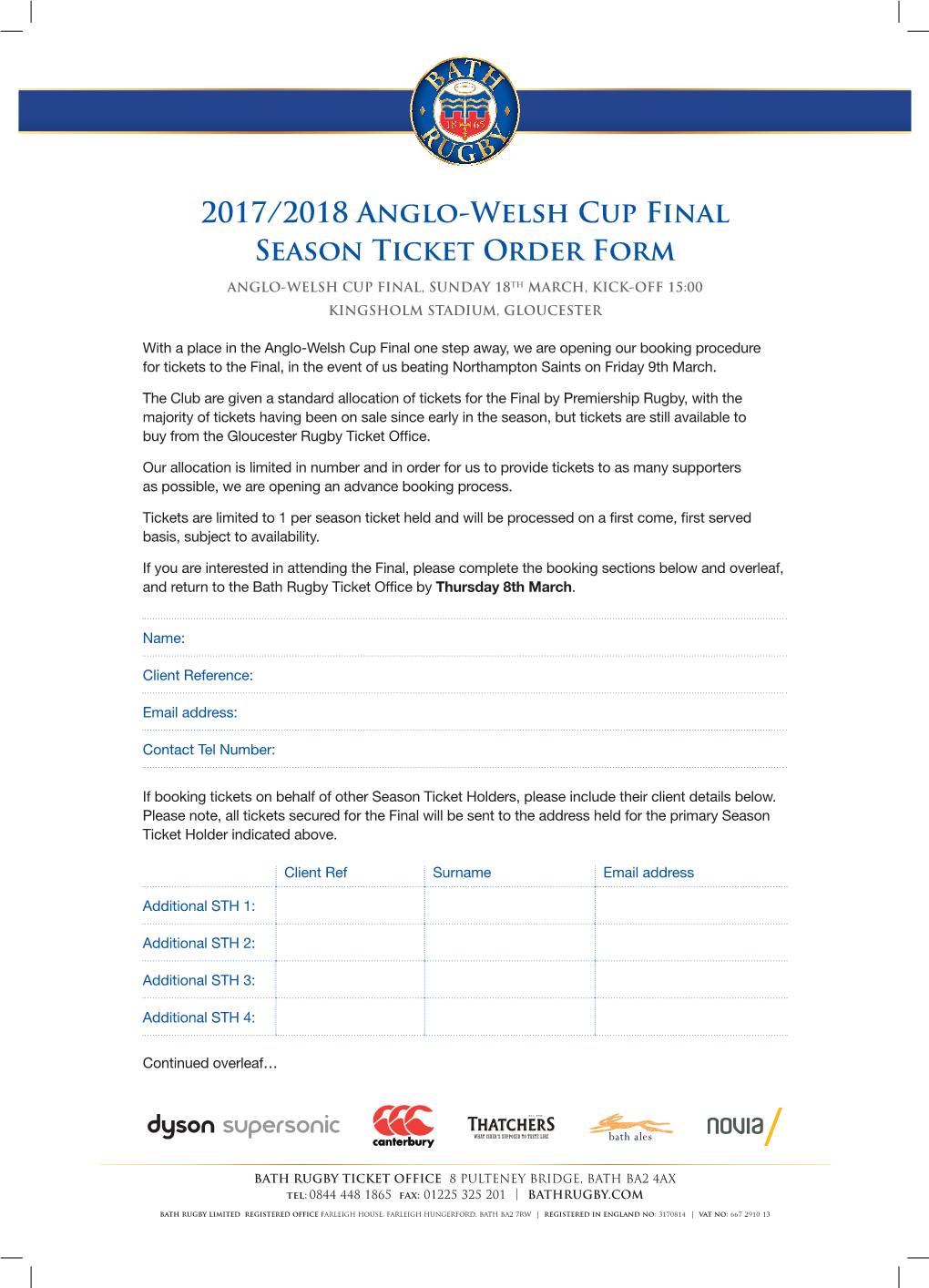 2017/2018 Anglo-Welsh Cup Final Season Ticket Order Form