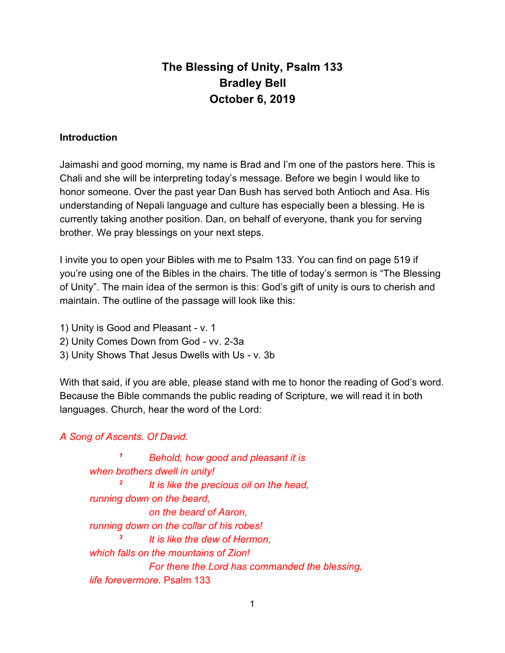 The Blessing of Unity, Psalm 133 Bradley Bell October 6, 2019