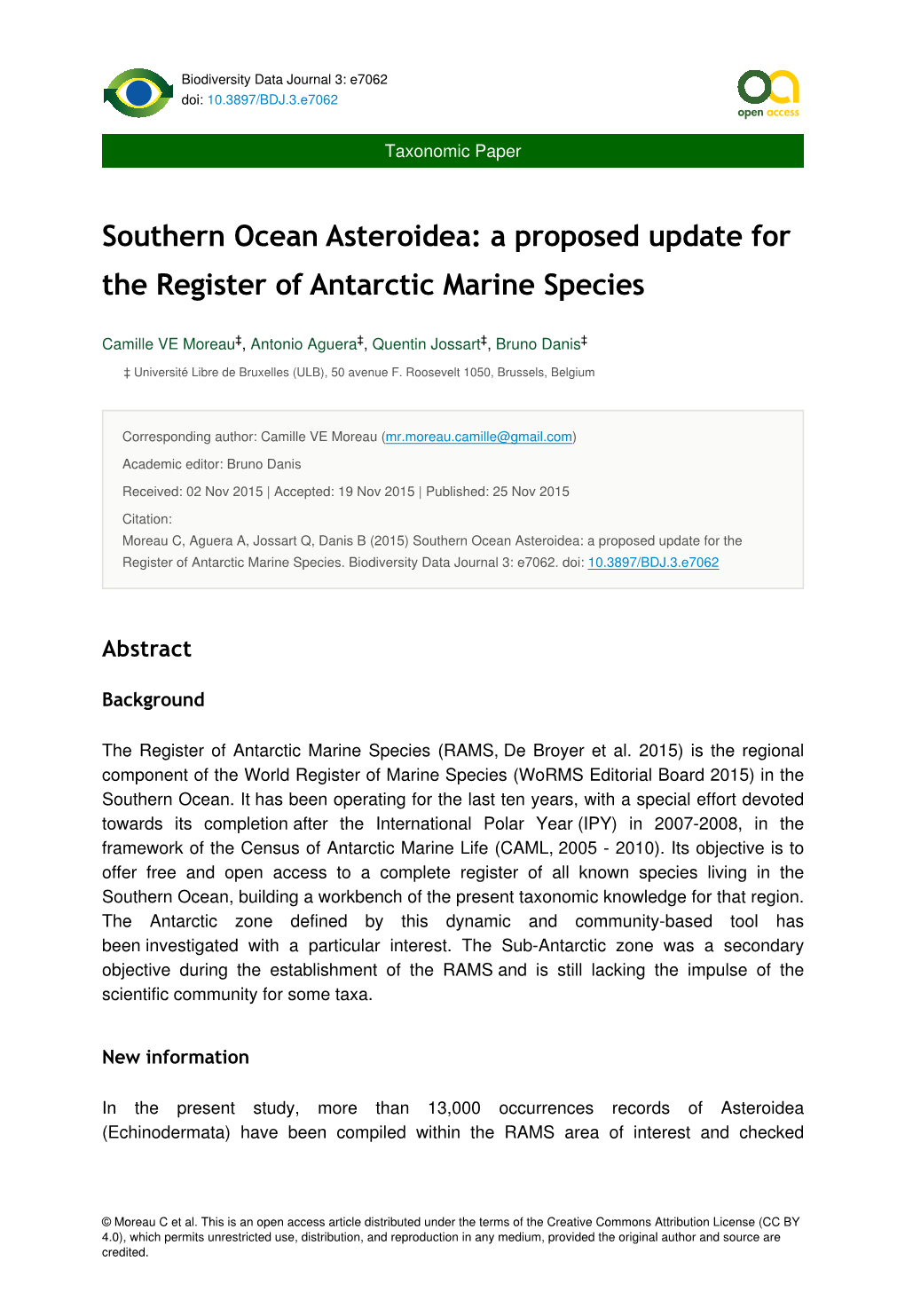 Southern Ocean Asteroidea: a Proposed Update for the Register of Antarctic Marine Species