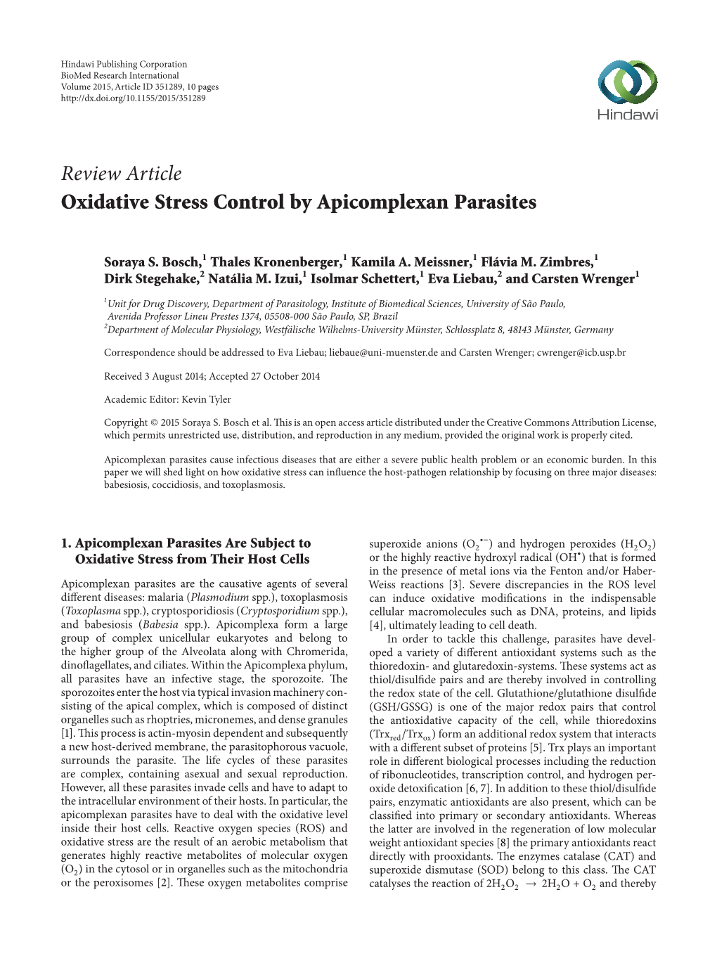 Oxidative Stress Control by Apicomplexan Parasites