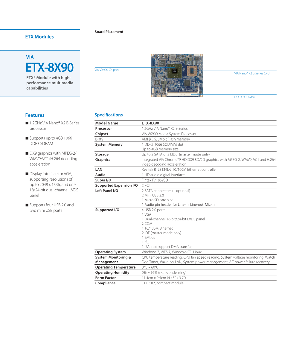 ETX-8X90 VIA VX900 Chipset VIA Nano® X2 E-Series CPU ETX® Module with High- Performance Multimedia Capabilities