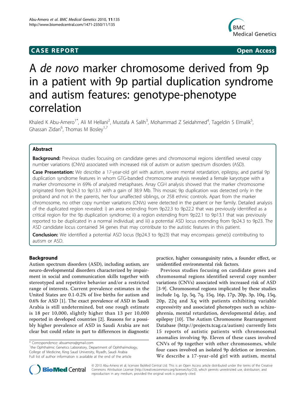 A De Novo Marker Chromosome Derived from 9P in a Patient with 9P