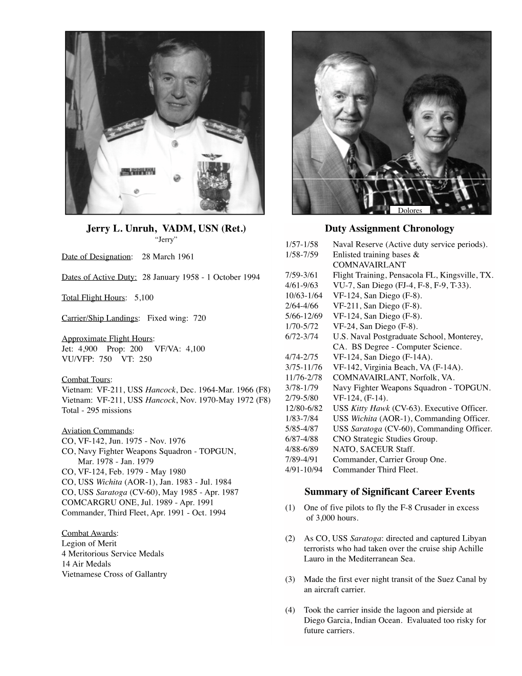 Jerry L. Unruh, VADM, USN (Ret.) Duty Assignment Chronology Summary of Significant Career Events