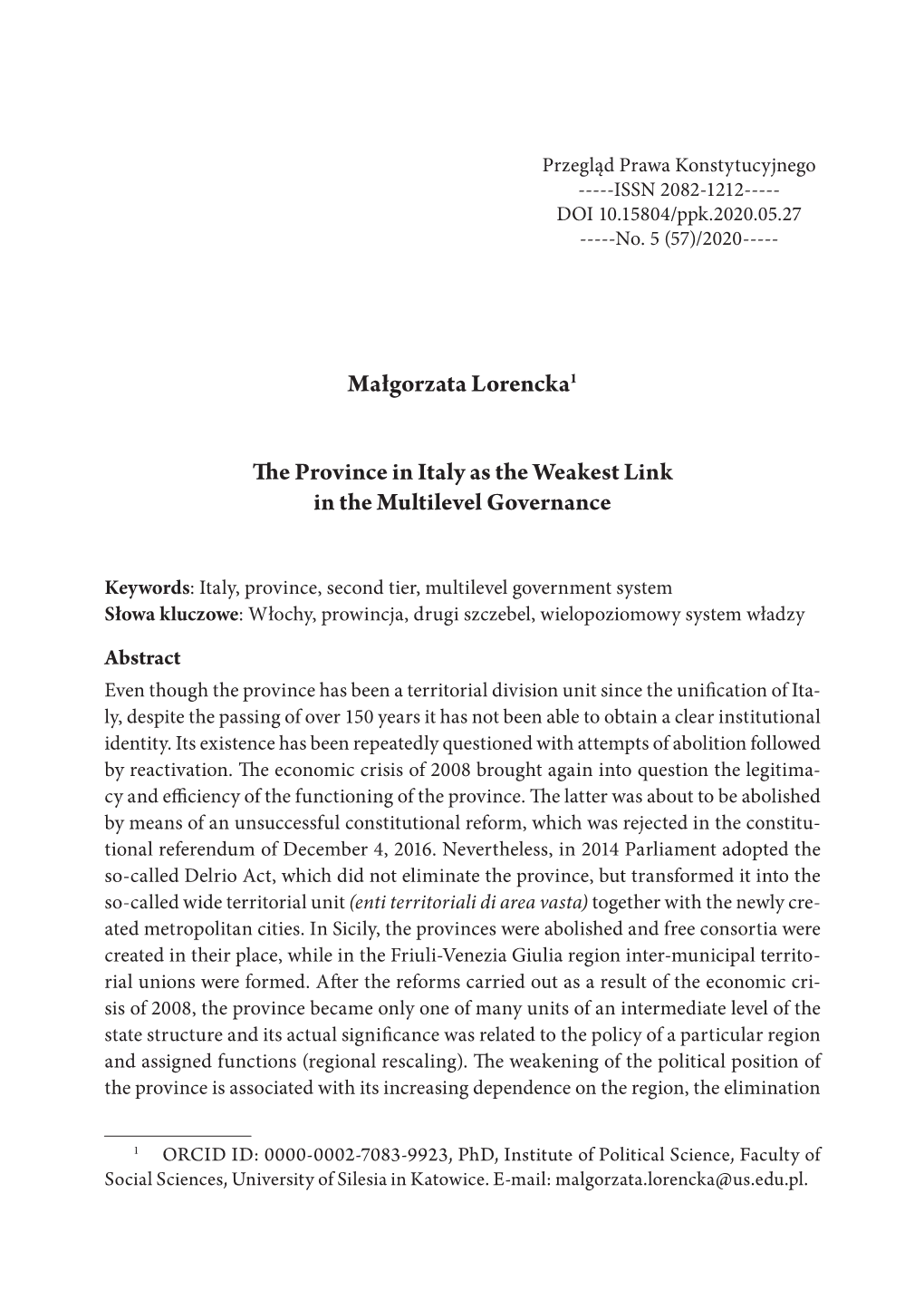 Małgorzata Lorencka1 the Province in Italy As the Weakest Link in the Multilevel Governance