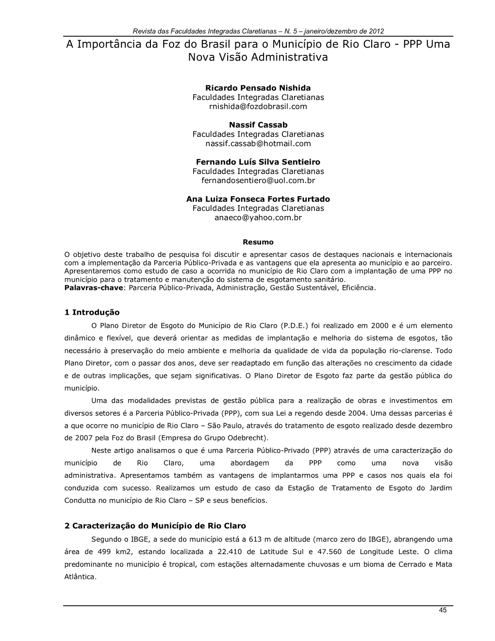 A Importância Da Foz Do Brasil Para O Município De Rio Claro - PPP Uma Nova Visão Administrativa