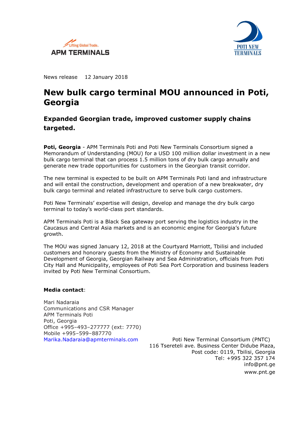 New Bulk Cargo Terminal MOU Announced in Poti, Georgia