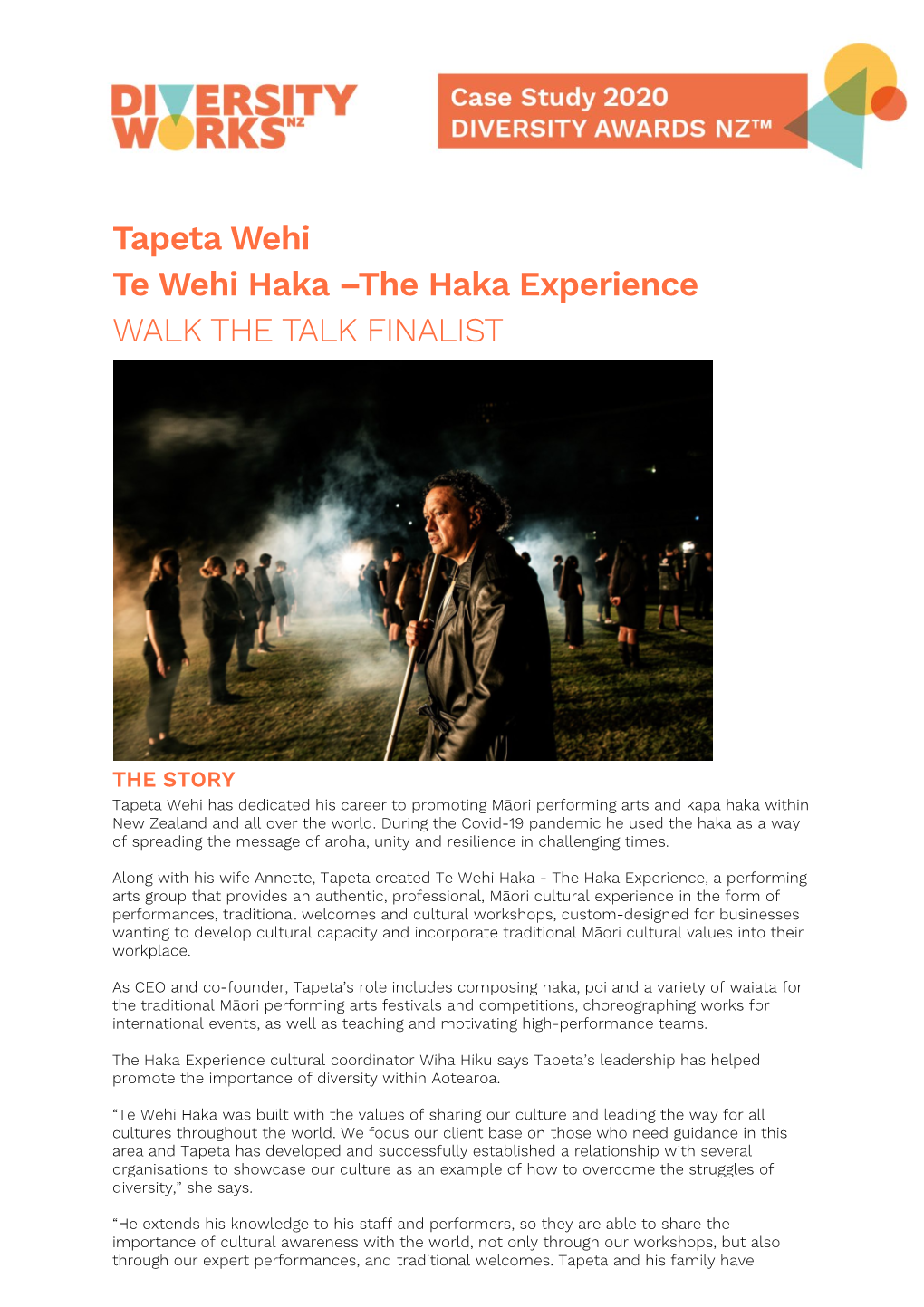 Tapeta Wehi Te Wehi Haka –The Haka Experience WALK the TALK FINALIST