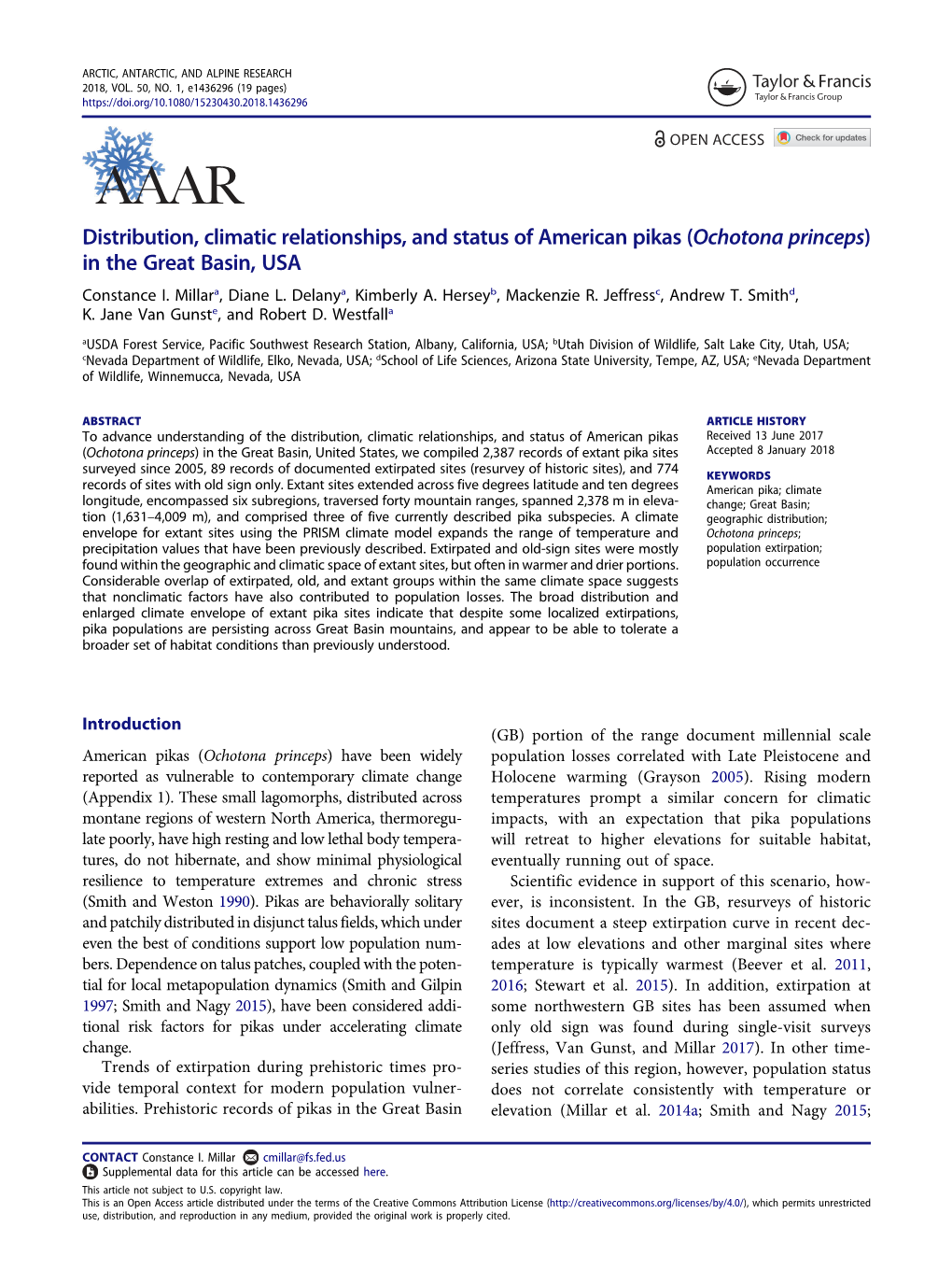 Distribution, Climatic Relationships, and Status of American Pikas (Ochotona Princeps) in the Great Basin, USA Constance I