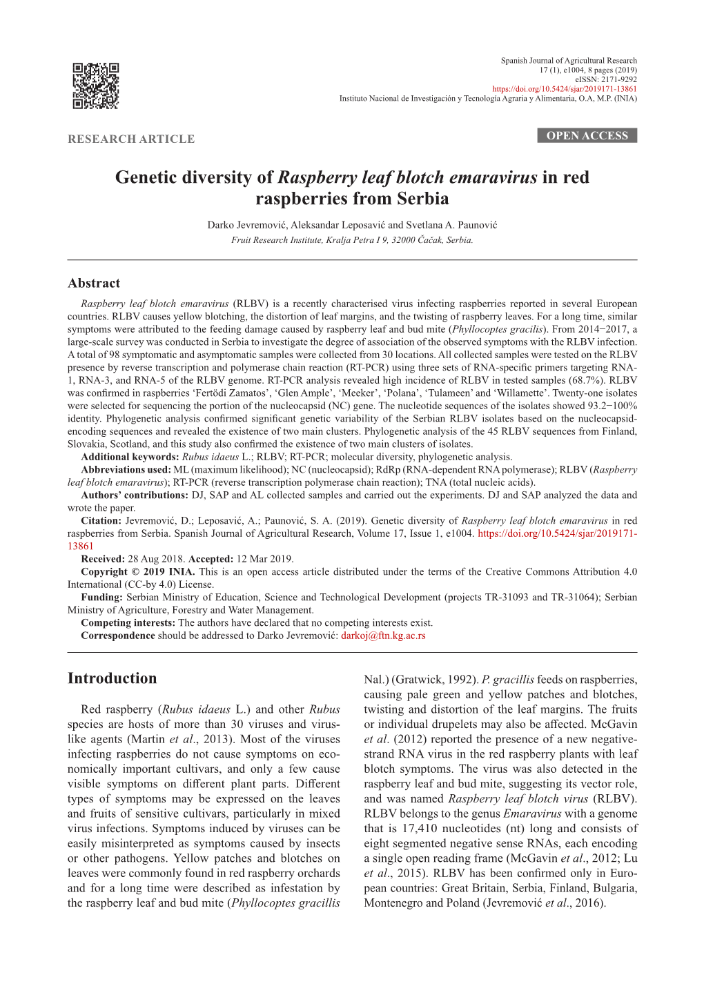 Genetic Diversity of Raspberry Leaf Blotch Emaravirus in Red Raspberries from Serbia Darko Jevremović, Aleksandar Leposavić and Svetlana A