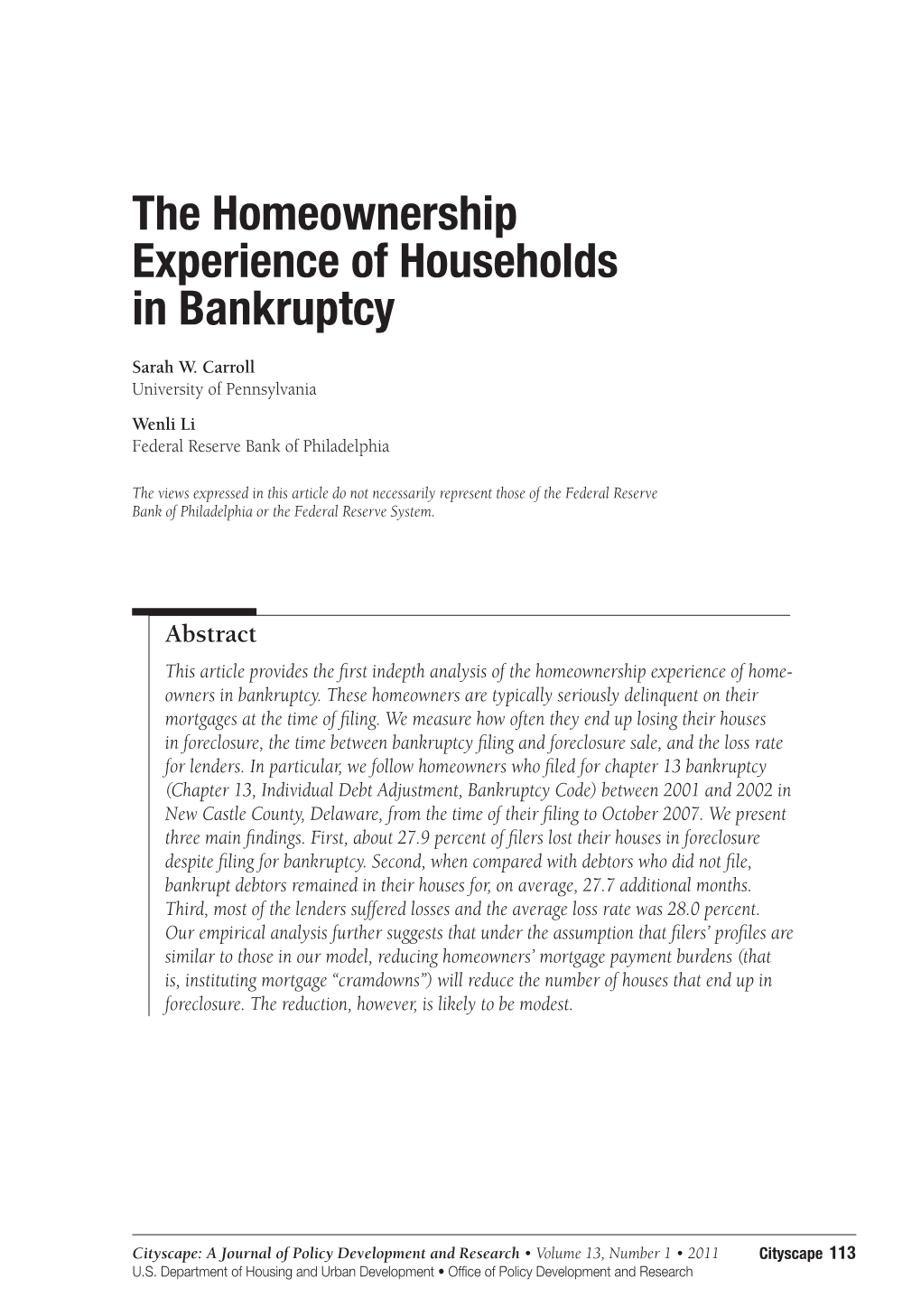 The Homeownership Experience of Households in Bankruptcy