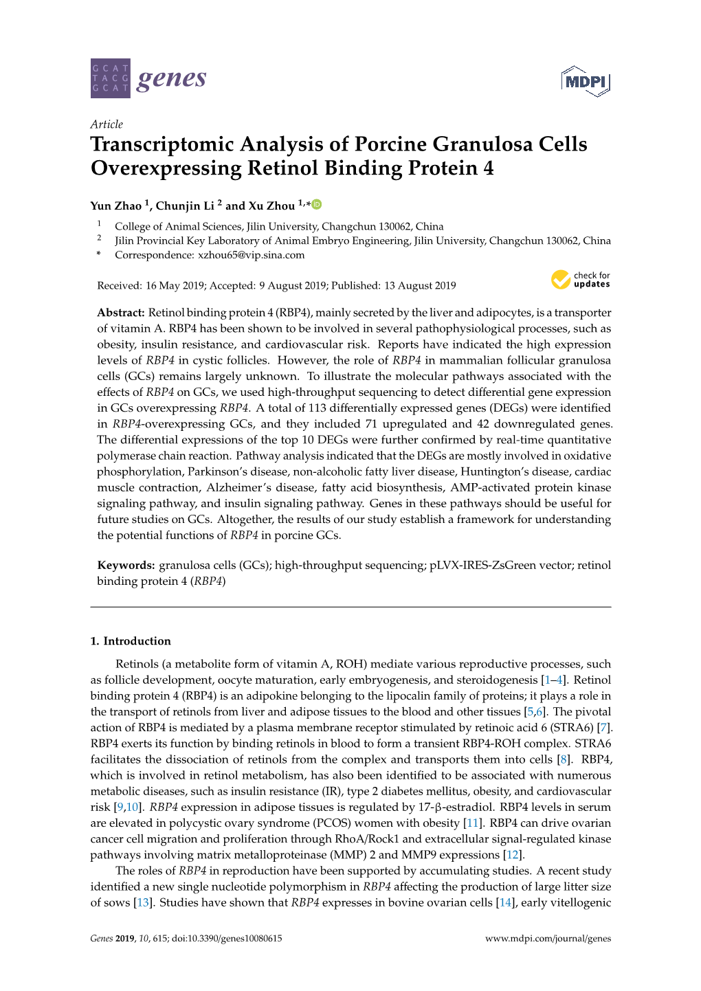 Transcriptomic Analysis of Porcine Granulosa Cells Overexpressing Retinol Binding Protein 4