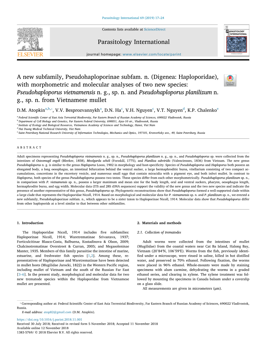 A New Subfamily, Pseudohaploporinae Subfam. N