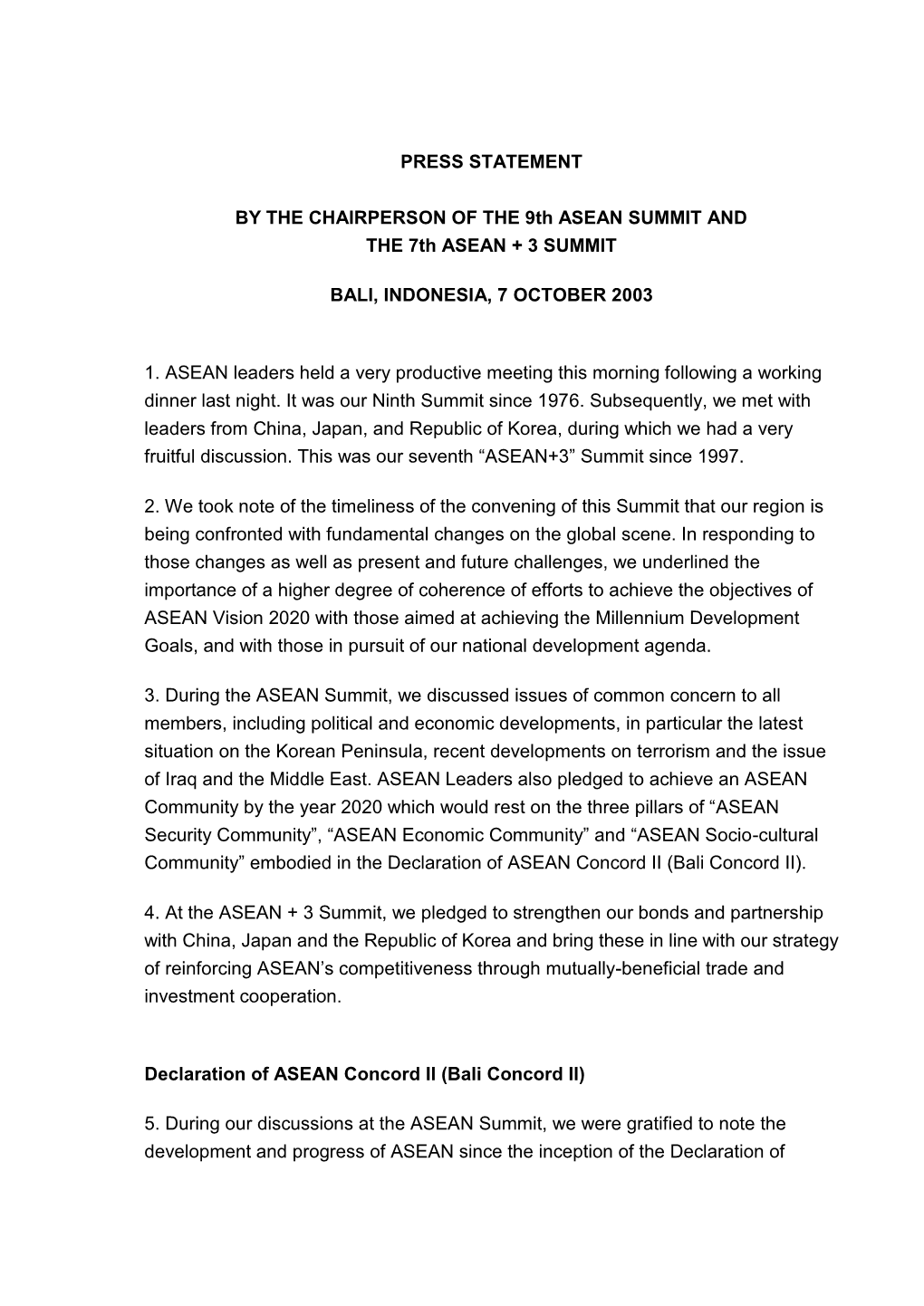 Declaration of ASEAN Concord II (Bali Concord II)