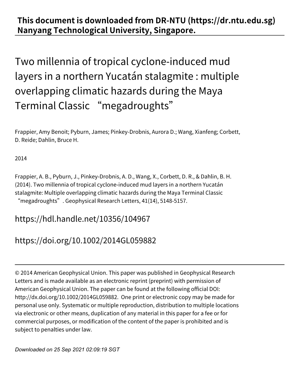 Two Millennia of Tropical Cyclone‑Induced Mud Layers in a Northern