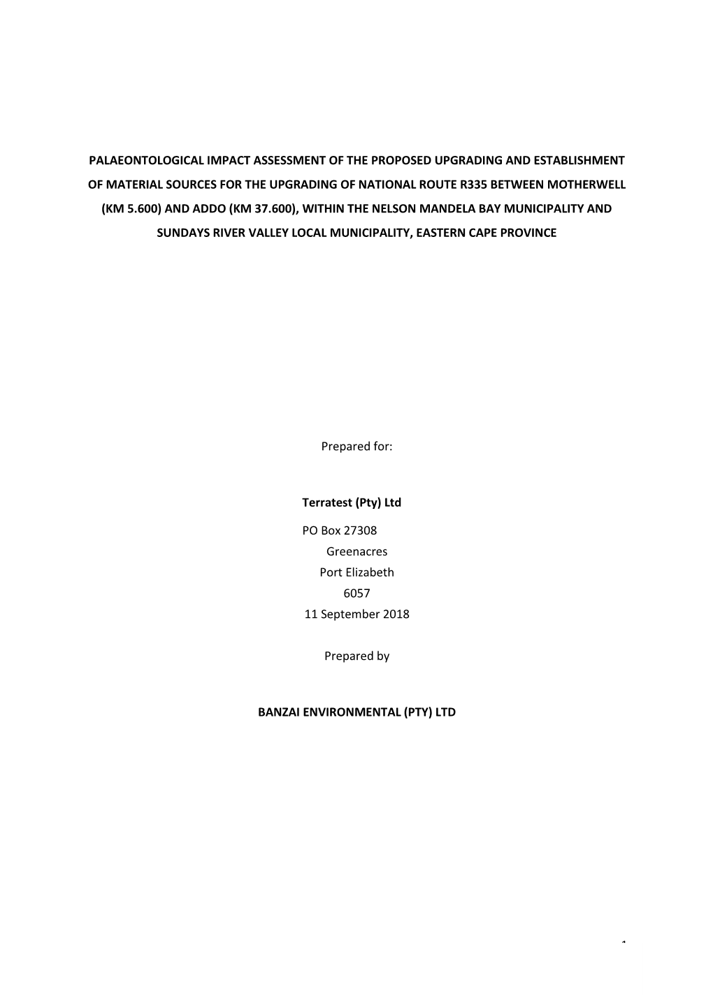 Palaeontological Impact Assessment of the Proposed Upgrading And